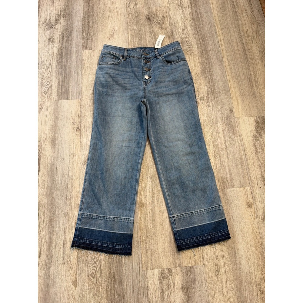 Chicos Wide Leg Crop Jeans Helix Indigo Button Fly Raw Hem Size 0 US 4 NEW